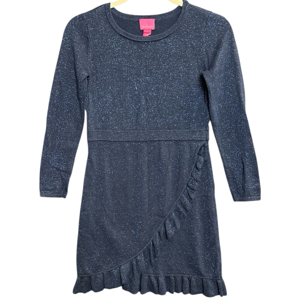 Lilly Pulitzer Girls Stefani Navy Sparkly Sweater Mid Length Dress Ruffles Sz XL